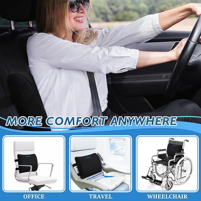 Lumbar Support Pillow for Office Chair Back Support Lumbar Pillow for Car, Gaming, Office Chair - Improve Sitting Posture & Back Pain Relief, Memory Foam, Adjustable Straps, Black