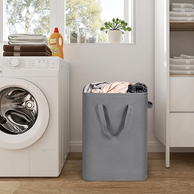 ZERO JET LAG Slim Laundry Hamper With Handles Collapsible Laundry Basket Thin Dirty Clothes Basket Narrow Laundry Bag Foldable Dirty Cloth Hamper 45L (23 inches,Grey)