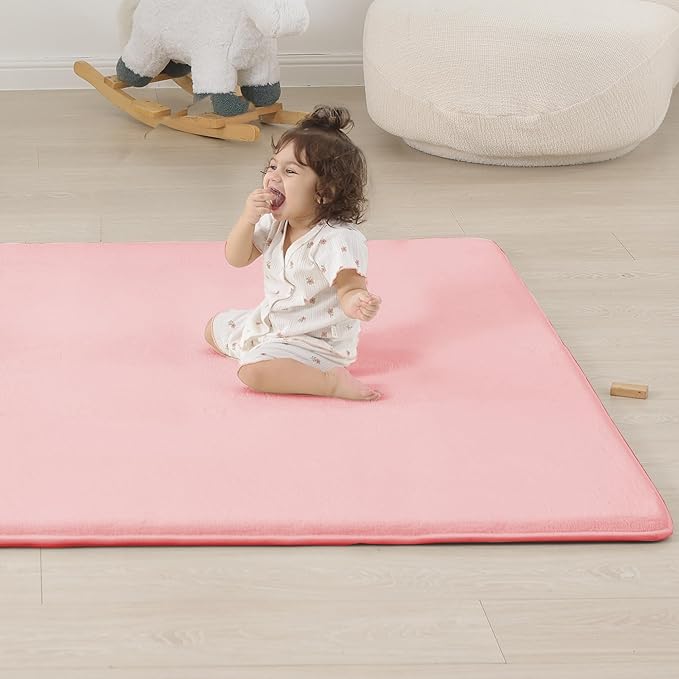 1.3" Thick Baby Floor Play Mat 71x79, Basic Padded Foam Mat for Tummy Time Crawling, Non Slip Cushioned for Babies Toddlers Infants Kids (Pink)