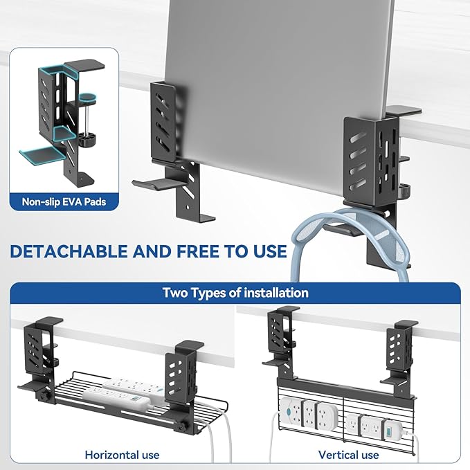 KDD 3-in-1 Laptop Stand Holder Storage, Adjustable Under Desk Cable Management Tray with Headphone Hanger and Cable Ties, No Drill Clamp on Desk Side Organizers Suitable for Laptop/Tablet/Headphone