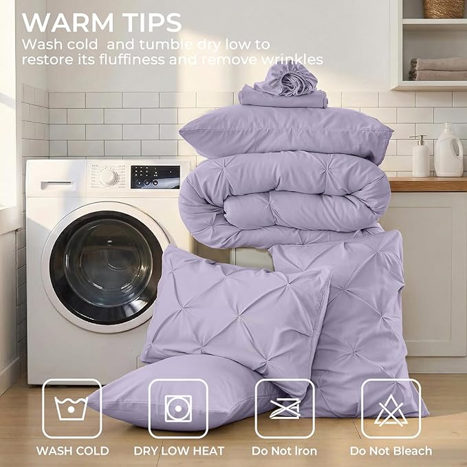 Sasttie California King Comforter Set, 7-Piece Bed in a Bag, Pintuck Bedding Sets for All Season, Includes Comforter, Flat Sheet, Fitted Sheet, Pillowcases and Pillowshams, Lavender