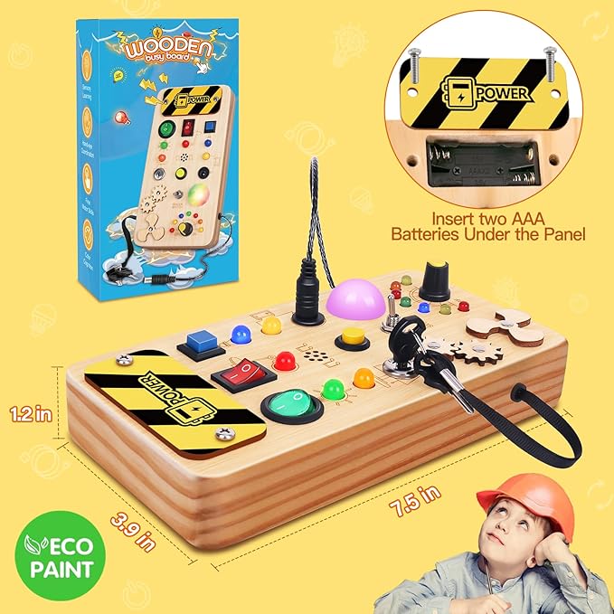 Busy Board with LED Light, Wooden Sensory Toys for Toddler, Montessori Music Toy for Airplane, Travel Activity Educational Learning Autism Toys, Birthday Boys Girls Gifts