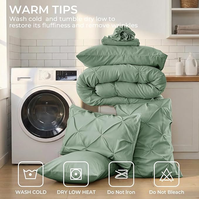 Sasttie Full Size Comforter Set, 7-Piece Bed in a Bag Double, Pintuck Bedding Set for All Season, Includes Comforter, Flat Sheet, Fitted Sheet, Pillowcases and Pillowshams, Sage Green