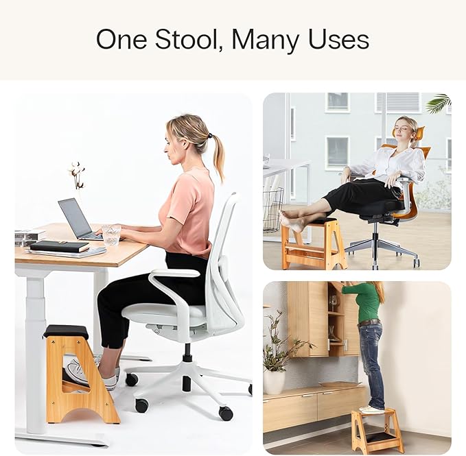 StrongTek Double Step Footrest, Adjustable Wooden Foot Stool with 3 Height Levels, Cushioned Top & Non-Slip Base, Ergonomic Under Desk Leg Rest for Office Home