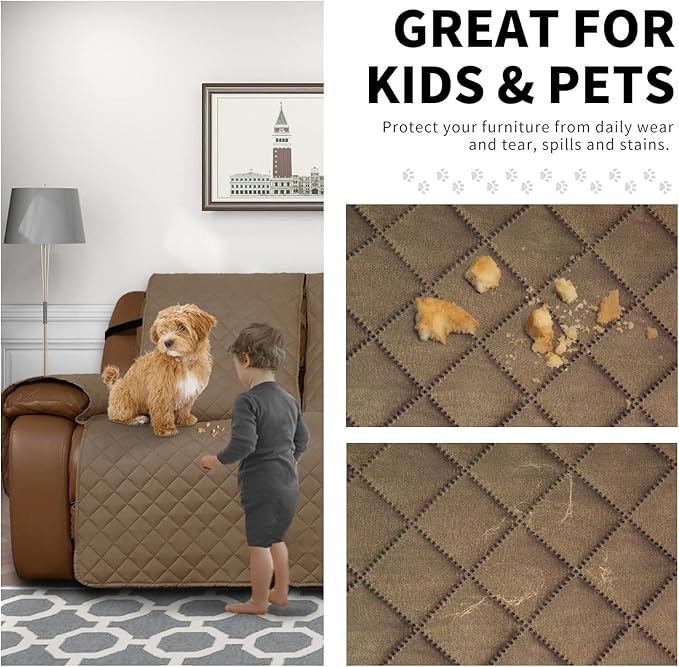 Easy-Going Oversized Recliner Sofa Cover, Reversible Couch Cover for 3 Seat Recliner, Split Sofa Cover for Each Seat with Elastic Straps for Kids, Dogs, Pets (3 Seater, Camel/Camel)