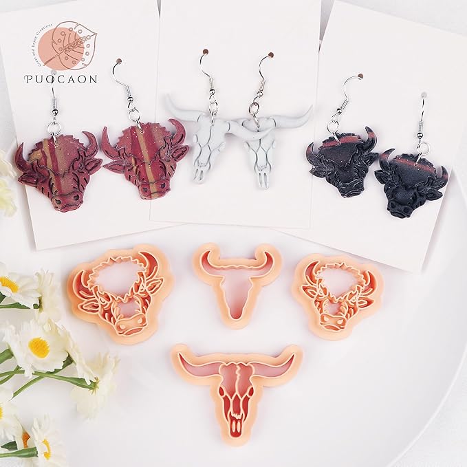 Puocaon American Bison Clay Cutters - 4 Shapes Clay Cutters for Polymer Clay Jewelry, Skull Polymer Clay Cutters for Earrings, 3D Print Polymer Clay Cutters for Jewelry Making, Cow Clay Jewelry Cutter