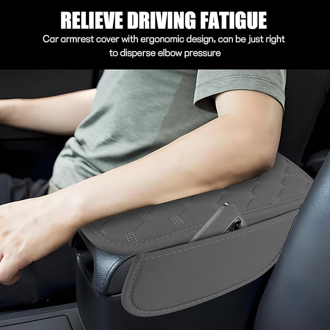 ongfuwu Car Center Console Cover, Leather Auto Armrest Cover Protector, Waterproof Armrest Center Console Pad with 2 Storage Bags, Universal Armrest Seat Box Pad for Vehicle SUV Truck (Gray)