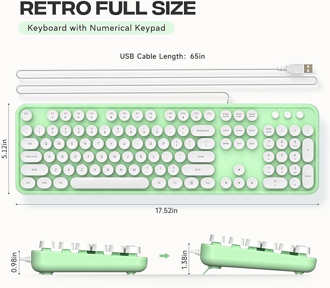 Computer Keyboard Wired, Plug and Play USB Retro Round Typewriter Keyboard, Full Size Wired Keyboard with Foldable Stands for Laptop and Office PC- Green&White Colorful