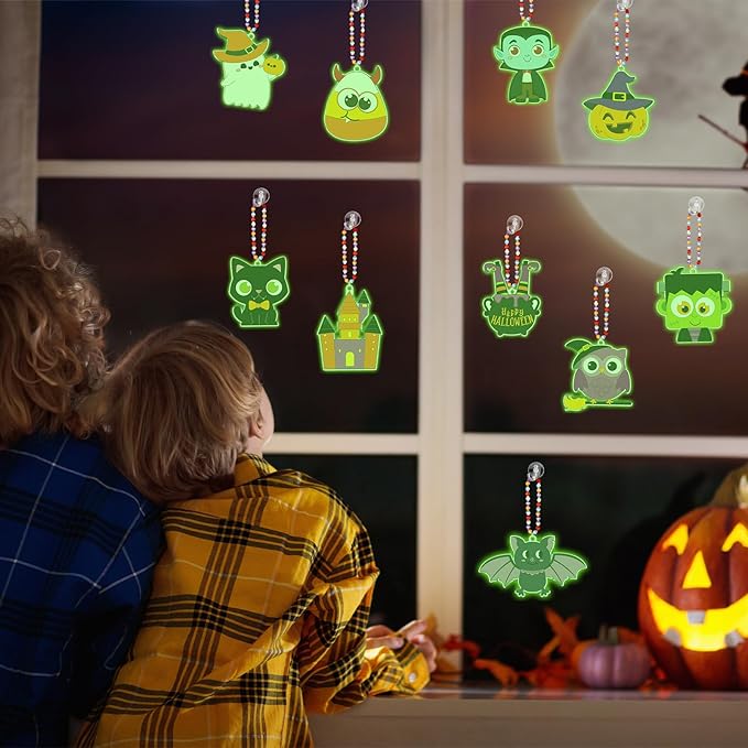 30 Set Halloween Glow in the Dark Suncatchers Kits Halloween Pumpkin Boo Bat Luminous DIY Suncatchers Crafts Make Your Own Suncatcher Paint Sun Catchers Ornaments for Halloween