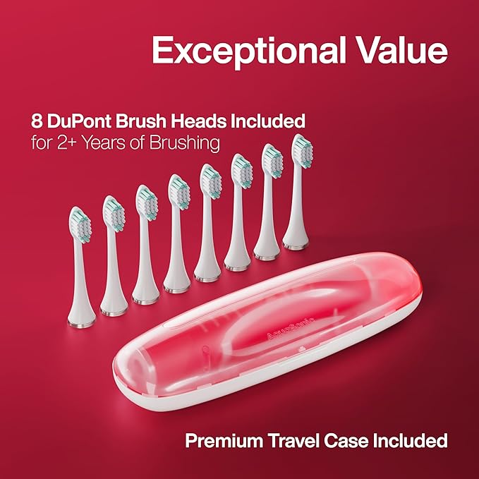 Aquasonic Vibe Series Ultra-Whitening Toothbrush – ADA Accepted Electric Toothbrush - 8 Brush Heads & Travel Case – 40,000 VPM Motor & Wireless Charging - 4 Modes w Smart Timer – Ruby