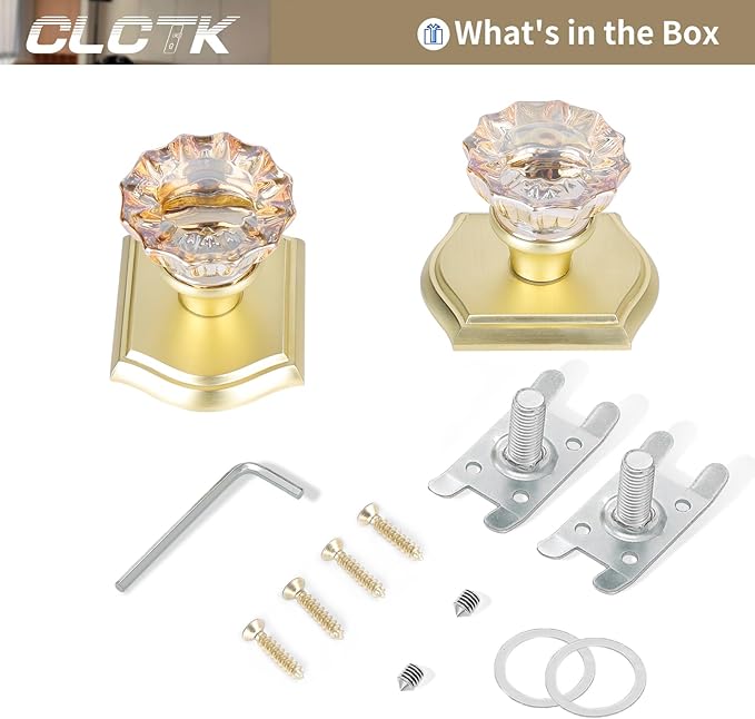 CLCTK Champagne Crystal Glass Dummy Door Knob, Bifold Closet Gold Satin Brass Door Knobs Dummy Door Handles Non-Turning Single Side, 4 Pack
