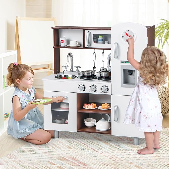 KOTEK Play Kitchen Set for Kids, Wooden Toddler Kitchen Playset with Water Dispenser w/Lights Sounds, Stove, Oven, Fridge, Microwave & Sink, Gift Chef Pretend Play Toy for Girls Boys (Walnut+White)