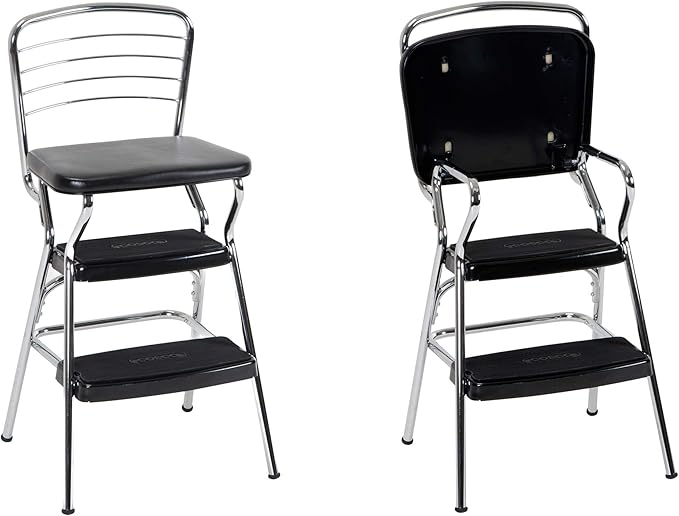COSCO Stylaire Retro Chair + Step Stool with Flip-Up Seat, Black
