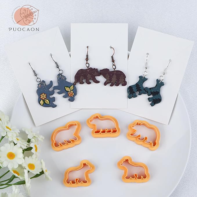 Puocaon Bear Polymer Clay Cutters - 6 Pcs Clay Cutters for Polymer Clay Earrings Making, Mirrored Bear Clay Jewelry Cutters, Animal Clay Cutters for Polymer Clay Jewelry Making Unique Clay Cutters