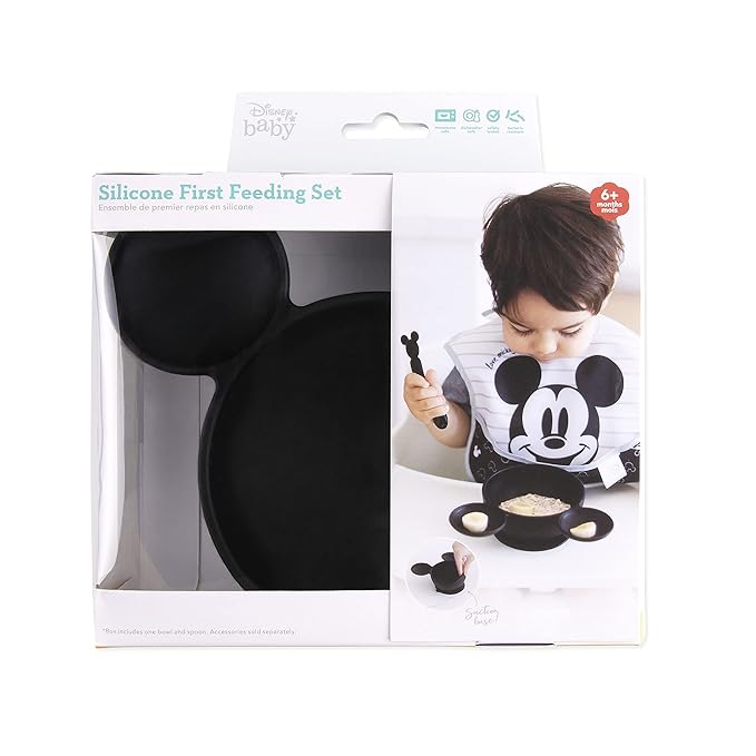 Bumkins Disney Baby Bowl, Silicone Feeding Set with Suction for Baby and Toddler, Includes Spoon, First Feeding Set, Essentials for Baby Led Weaning, Babies Eating 4 Months Up, Mickey Mouse Black