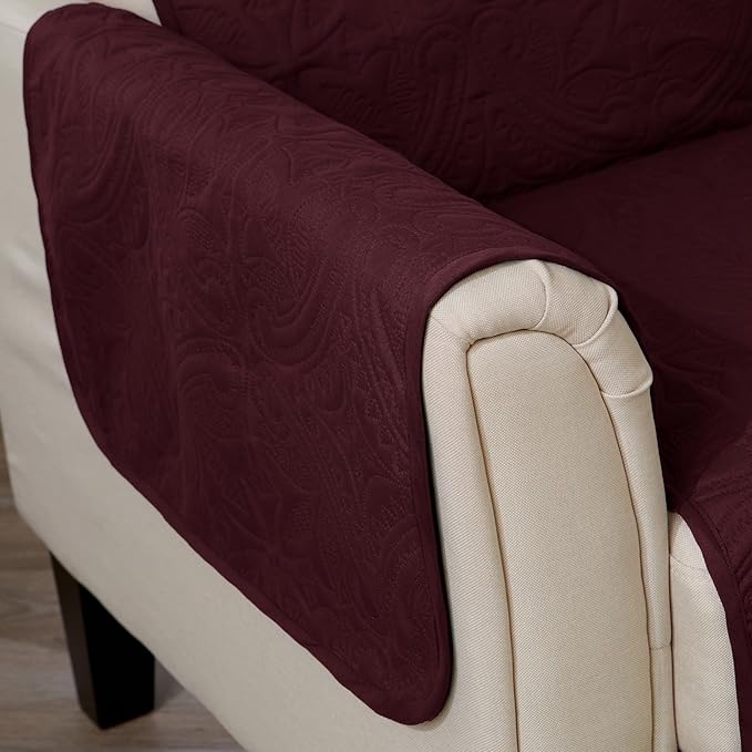 Medallion Stitched Solid Furniture Protector Stain Resistant Durable Furniture Protector Elenor Collection (Recliner, Wine/Light Grey)