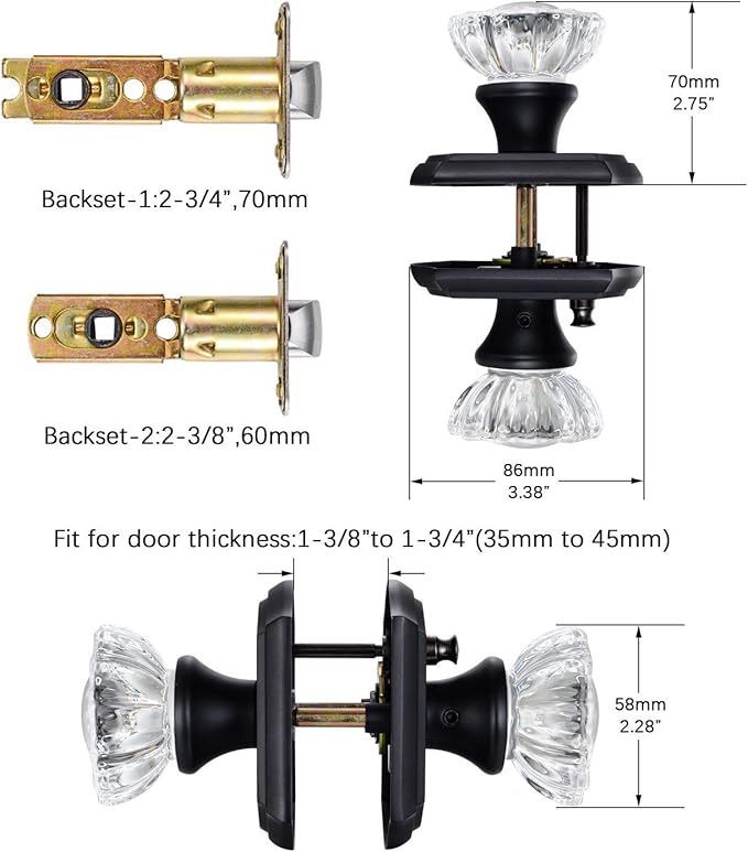 Glass Door Knobs Interior with Lock, Vintage Privacy Crystal Door Knobs for Bedroom Bathroom, Matte Black