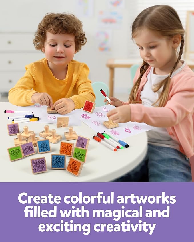 Coogam Wooden Stamp for Girls Friendship, 20pcs Color Shape Unicorn Butterfly Mermaid Stamp Set with Markers, DIY Arts Crafts Printing Stamping Party Favor Toy Gift for 3 4 5 Year Old Kids