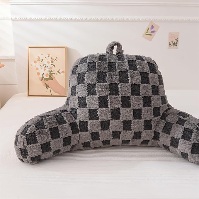 Aimuan Checkered Reading Pillow Bed Rest Wedge Backrest Checkerboard Pillow with Arms Back Support for Sitting Up in Bed Cushion Incline Rest Sleeping Snoring Pillow (Dark Grey,Standard)