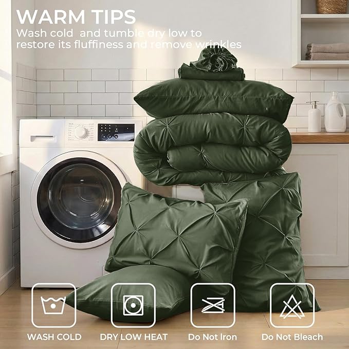 Sasttie Queen Comforter Set, 7-Piece Bed in a Bag, Pintuck Bedding Sets for All Season, Includes Comforter, Flat Sheet, Fitted Sheet, Pillowcases and Pillowshams, Dark Green