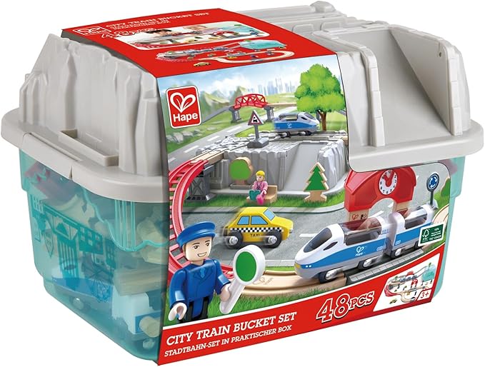 Hape City Railway and Train Bucket Set Toy with Hoisting Magnetic Crane for Trains, Trucks, and Cargo for Kids Ages 3 and Up, Multicolor