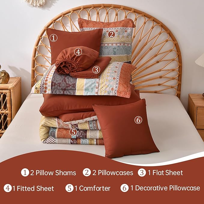 Cottolester Boho Comforter Set King Size,8 Pieces Red and Orange Bohemian Striped Bed in a Bag,Paisley Soft Microfiber Bedding Comforter Set