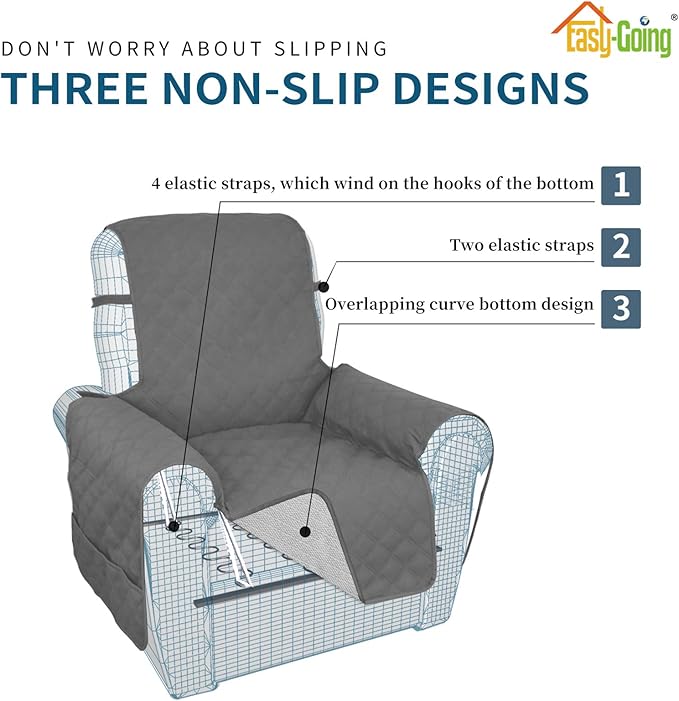 Easy-Going Sofa Slipcover Waterproof Recliner Chair Cover Non-Slip Fabric Couch Cover for Living Room Washable Furniture Protector for Pets Kids Children Dog Cat (Recliner, Gray), 23"