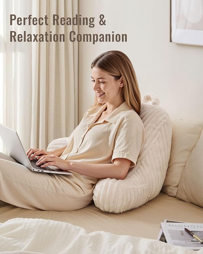 Blissful Diary Reading Pillow for Sitting in Bed, Flannel Back Pillow Bed Sitting Up for Adult & Children, Backrest Cushion for Sit Up in Couch or Floor, Dorm Essentials, Cream White