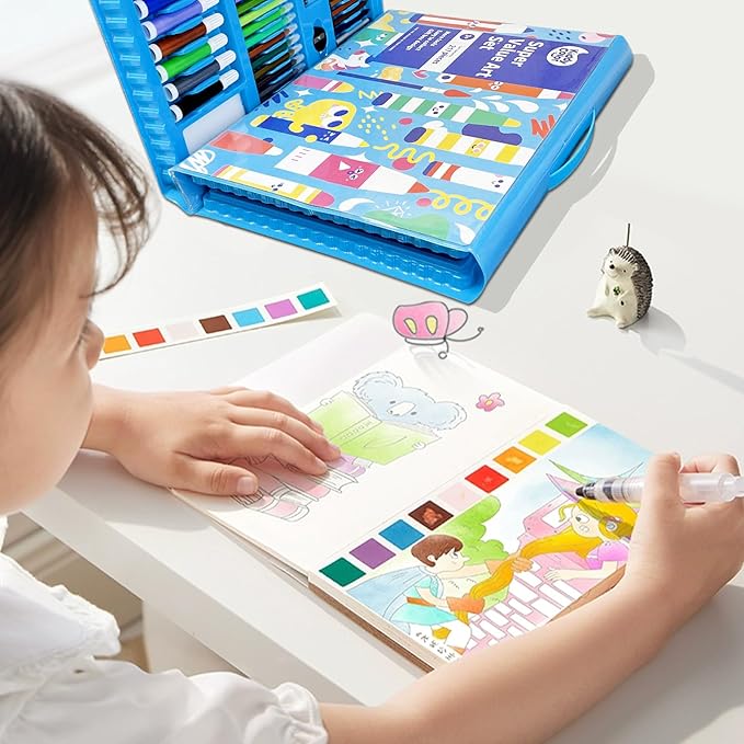 KIDDYCOLOR Kids Art Set, Drawing Art Supplies for Girls & Boys Ages 4-8 with Watercolor Cakes, Oil Pastels, Colored Pencils, Ideal Gift for Young Artist, Blue-217pcs