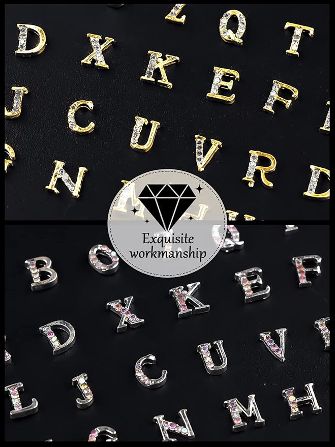 52Pcs Rhinetone Letters Nail Studs, Kalolary Gold Silver 3D Capital Rhinetone Nail Letter English Alphabet Stud Charm DIY Manicure Nails Jewelry Making Crafts Decoration for Women Girls