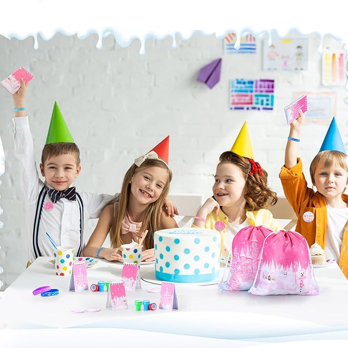 Abbylike 140 Pcs Winter Party Favors Christmas Gifts for Kids Snowflake Wonderland Party Favors Supplies Birthday Notebook Bracelet Stamper Sticker Drawstring Bag Pencil Button Pin Keychain