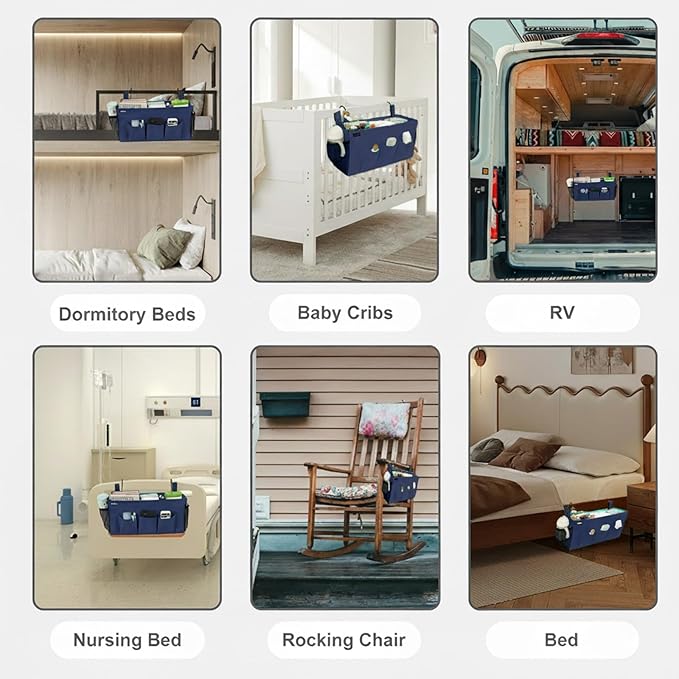 Surblue Bedside Organizer with Hook Bedside Caddy Hanging Storage Bag with Adjustable Straps and Water Bottle Holder for Home College Dorm Bunk Bed Accessories, Crib Bed Rails, Hospital Bed,Navy