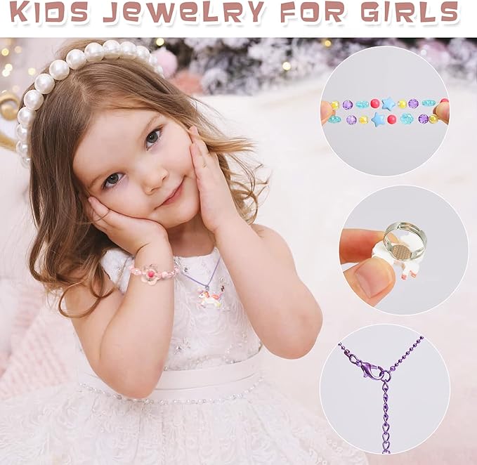 Lorfancy 18 PCS Kids Jewelry for Girls Bracelets Necklaces Rings Set Toddler Unicorn Butterfly Beaded Bracelet adjustable colorful Friendship Dress up Jewelry Gifts (A)