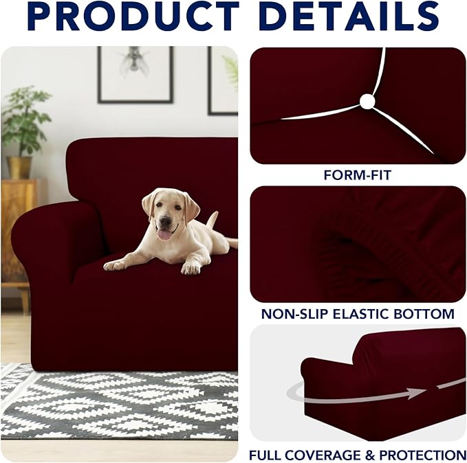 PureFit 100% Dual Waterproof Couch Cover Slipcovers for Couches and Sofas - Stretch Non Slip Fleece Sofa Covers Washable, Leakproof Furniture Protector for Kids, Pets, Dog (Sofa, Wine)