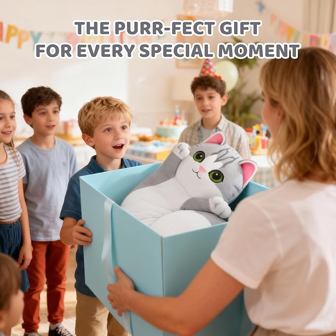 Mewaii Artist-Designed Ultra Soft Long Cat Plush Body Pillow, Extra Stuffing for Comfort, Premium Quality Stuffed Animal Gift for Girlfriend or Cat Lovers (Grey Body Pillow 44 Inch)