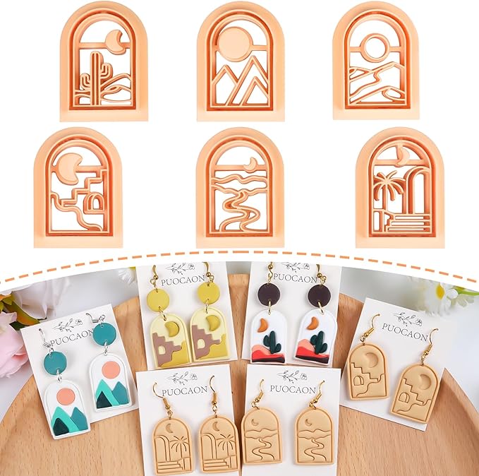 Puocaon Boho Polymer Clay Cutters - 6 Pcs Clay Cutters for Polymer Clay Earrings Making, Boho Landscapes Arch Clay Cutters, Embossing Scene Desert Sun Moon Clay Cutters for Jewelry Making