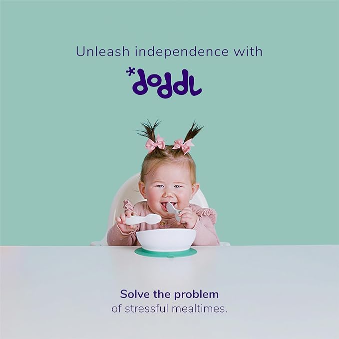 doddl Toddler and Baby Suction Bowl, Ergonomic Toddler Dishes for Self Feeding, 1-3 Year Olds, Dishwasher Safe, BPA Free (White & Aqua)