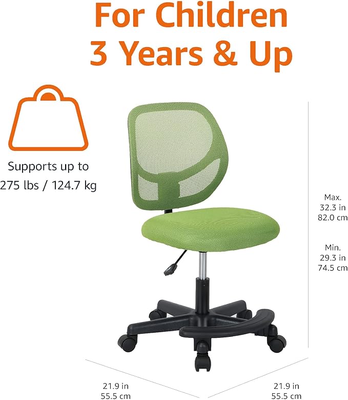 Amazon Basics Kids Adjustable Mesh Low-Back Swivel Study Desk Chair with Footrest, Green
