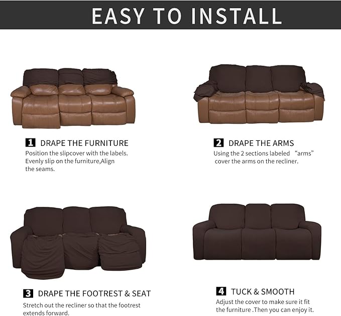 Easy-Going 8 Pieces Microfiber Stretch Sectional Recliner Sofa Slipcover Soft Fitted Fleece 3 Seats Couch Cover Washable Furniture Protector with Elasticity for Kids Pet(Recliner Sofa, Chocolate)