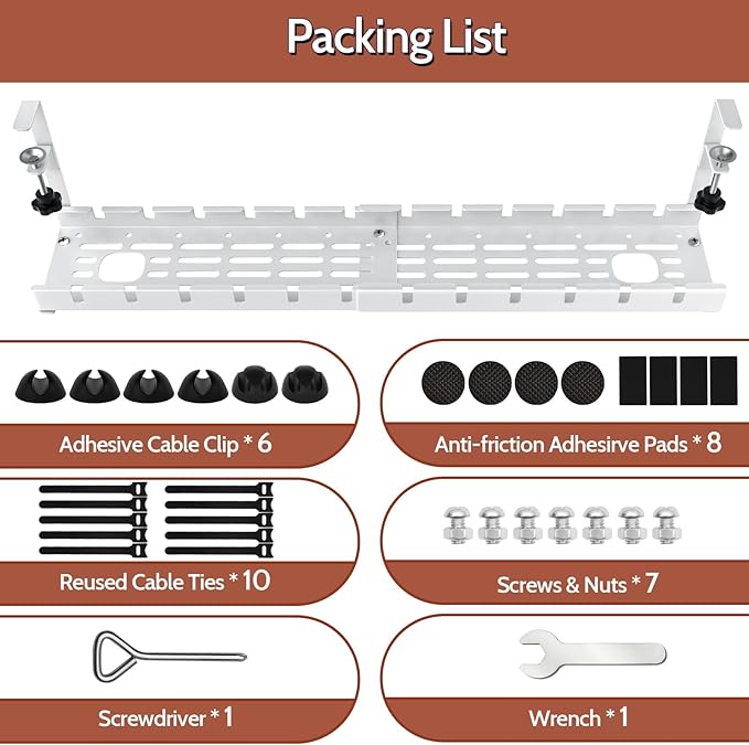 Shikha Cable Management Under Desk, 15.7"-31" Retractable Cable Management Tray, No Drilling Cord Organizer with Clamp for Desk, Under Table Wire Management Tray for Home Office -White