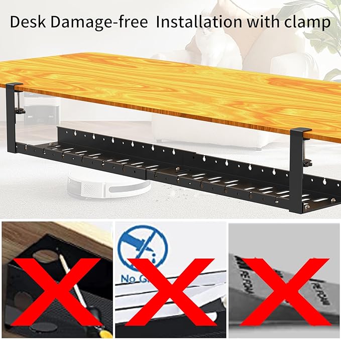 31Inch Extendable Under Desk Cable Management Tray, Black Metal Cable Management Tray Under Desk Cord Management with Clamp, 31 Inch x 4.33 Inch