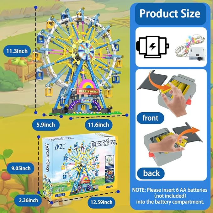 Upgrade Rotating Ferris Wheel Building Blocks Set Toys for Kids with Light Carnival Amusement Park Construction Kits Birthday Halloween for Boys Girls(813pcs)