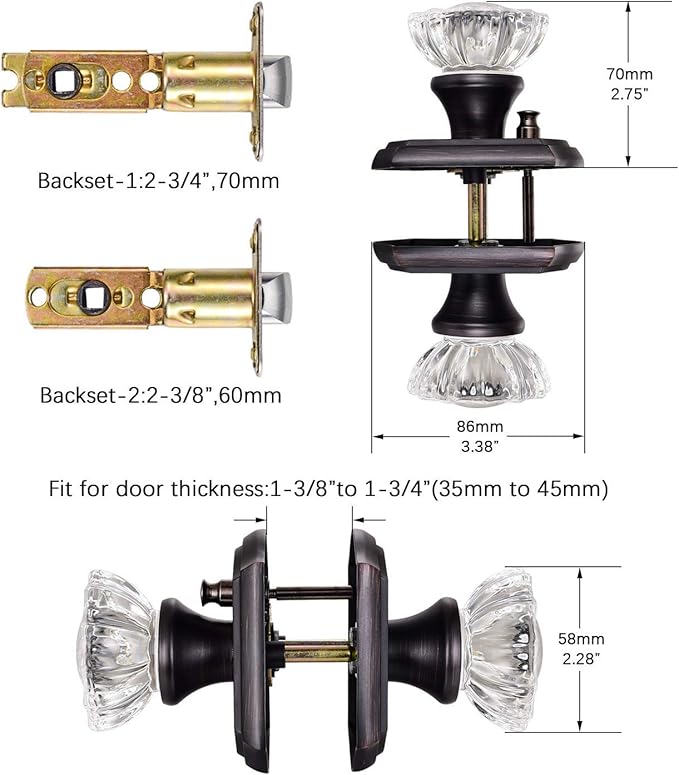Crystal Glass Door Knobs Interior with Lock, Vintage Privacy Door Knob for Bedroom Bathroom, Oil Rubbed Bronze