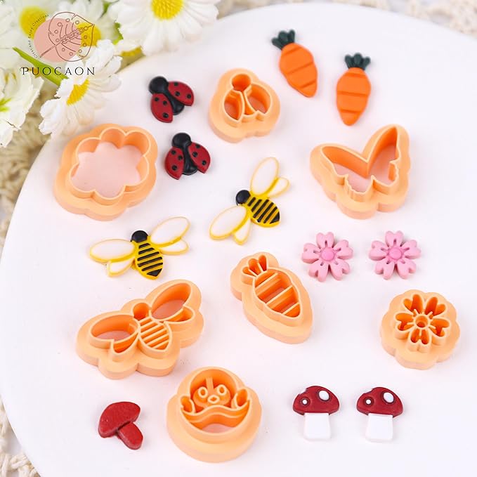 Puocaon Spring Polymer Clay Cutters - 9 Pcs Clay Cutters for Polymer Clay Jewelry, Easter Egg Clay Cutters, Cloud Butterfly Clay Cutters for Polymer Clay Earrings, Carrot Mushroom Clay Cutters