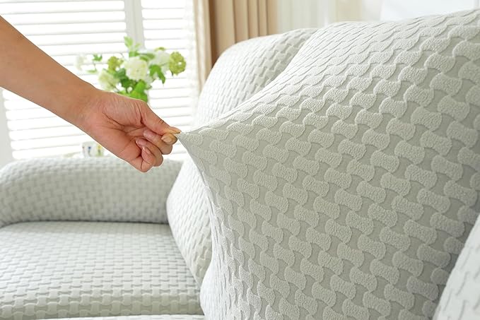 vctops 6 Pieces Jacquard Plush Recliner Loveseat Slipcover Stretch Soft Sofa Couch Cover Anti-Slip Solid Color Furniture Protector with Elastic Bottom for Kids Cats Dogs(Light Grey,2 Seat)