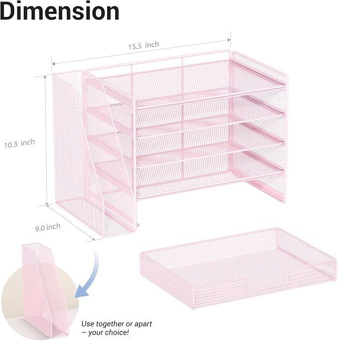 OPNICE Desk Organizer, 5-Tier Paper File Organizer with Drawer & Pen Holder, Office Desk Accessories, Workspace Desktop Organizer for Office Supplies(Pink)