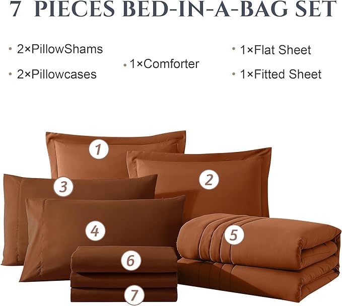 Monbix Full Comforter Set - 7 Pieces Burnt Orange Bed in a Bag Full Size Bedding Sets with Comforters, All Seasons Comforter with Sheets, Pillowcases & Shams