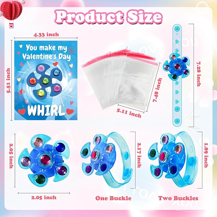 INST Valentines Day Gifts for Kids 30 Packs Valentines Day Cards with Light Up Fidget Spinner Bracelets for Kids Valentines Gift Exchange for Class Classroom Prizes Party Favors Supplies