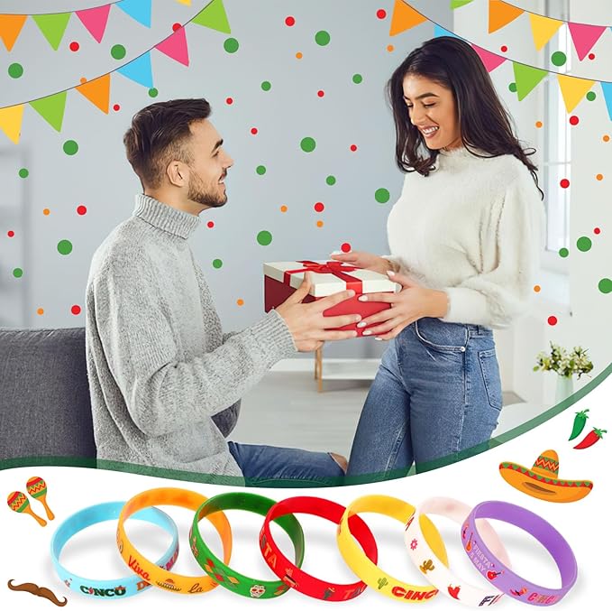 JUNEBRUSHS 42pcs Mexican Fiesta Silicone Bracelets Cactus Guitar Hat Rubber Wristbands Party Favors Accessories for Mexican Fiesta Birthday Party Decorations Gift (7 Designs)