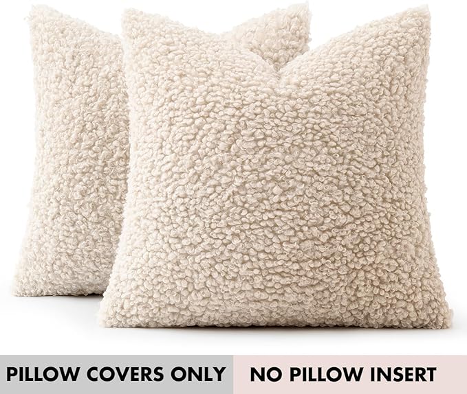 Woaboy Faux Fur Throw Pillow Covers 20x20 Inch Set of 2 Boucle Neutral Decorative Sherpa Fuzzy Accent Soft Sheepskin Fleece Cushions Modern Christmas Home Decor for Couch Sofa Bedroom Livingroom,Beige